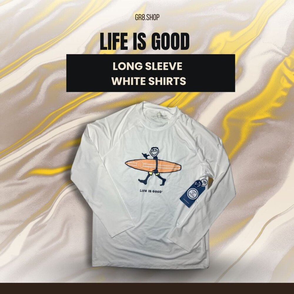 Life Is Good Mens Long Sleeve Surf Shirt UPF 50+ Medium White Polyester